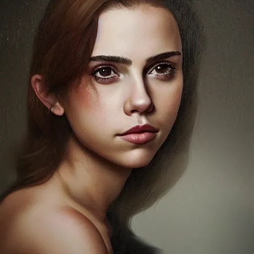 Prompt: portrait of girl who look like a mix of emma watson, scarlett johansson, nathalie portman, david rutkowski very detailled, by artgem