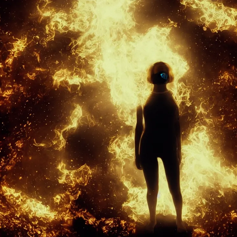 Image similar to The full body shot of beautiful pale woman with many eyes flowers and full-face golden mask inside a thick black smoke in rocky desert landscape, glowing eyes, falling star on the horizon, burning earth by Gaspar Noe and Christopher Doyle, anamorphic lens, anamorphic lens flares, kodakchrome, cinematic composition, practical effects, award winning photo, 8k