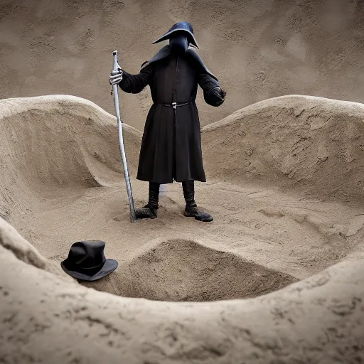 Prompt: plague doctor pondering over a dug out trench