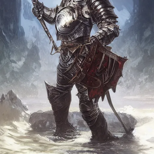 knight in heavy armor under water, fantasy, highly