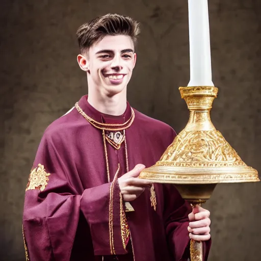 Prompt: attractive kai havertz wearing priest outfit holding large detailed ivory candlestick. natural lighting by photorealistic, portrait. 8 k high definition