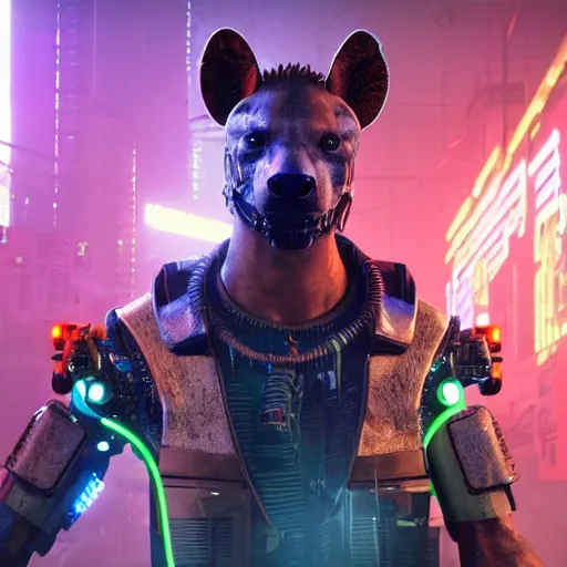 Image similar to cyborg hyena in cyberpunk 2 0 7 7, multiple wires and metal exposed, neon lights, volumetric lighting