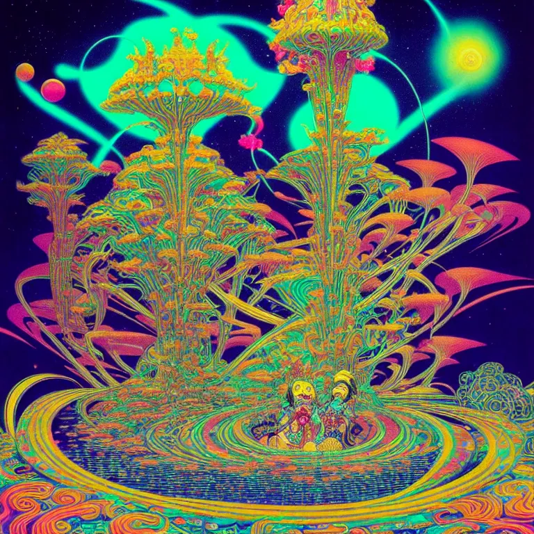 Image similar to cosmic third eye, magical crystal temple, psychedelic waves radiating, bright neon colors, highly detailed, cinematic, hiroo isono, eyvind earle, philippe druillet, roger dean, lisa frank, aubrey beardsley, ernst haeckel