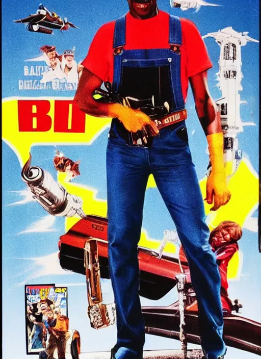 Image similar to an 8 0's john alvin action movie poster starring eddie murphy face as a plumber to rich people. bathroom. overalls. tool belt. the movie is called beverly hills crap