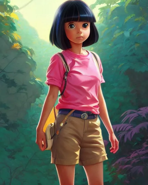 Prompt: real girl dora the explorer wearing her cloth made from leather, fine detail!! anime!! realistic shaded lighting!!, kim hyun joo, digital painting by ilya kuvshinov, magali villeneuve, artgerm, jeremy lipkin and michael garmash and rob rey