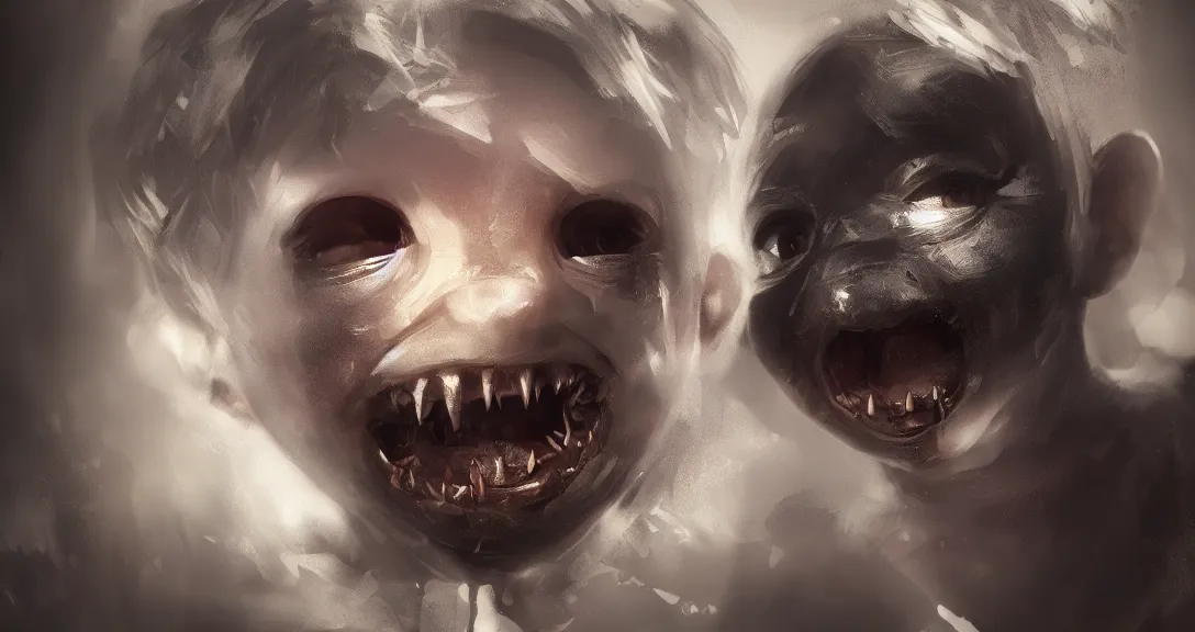 Prompt: child, black eyes, sharp teeth, portrait, intricate, detailed, volumetric lighting, scenery, digital painting, highly detailed, artstation, sharp,