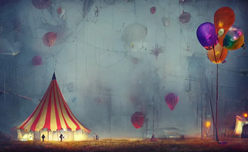 Prompt: abandoned circus tent at night, colorful baloons, creepy jester, gloomy and foggy atmosphere, octane render, rembrandt, cgsociety, artstation trending, horror scene, highly detailded