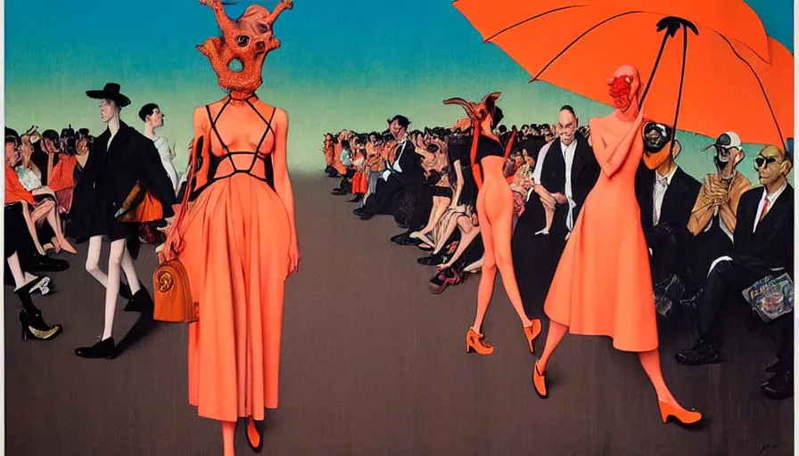 Prompt: dior runway show by francis bacon, surreal, norman rockwell and james jean, greg hildebrandt, and mark brooks, triadic color scheme, by greg rutkowski, syd mead and edward hopper and norman rockwell and beksinski, lingerie, dark surrealism, orange and turquoise