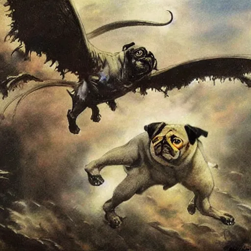 Image similar to a magical land of flying pug dogs, luis royo, frazetta, whealan,