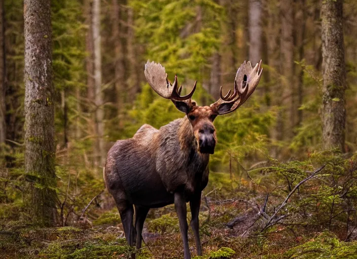 Prompt: an award winning photo of a zombie!! moose with red eyes, full body portrait, evening!! in the forest, 4 k, wildlife photography, high quality, national geographic