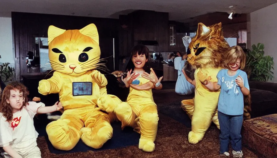 Prompt: 1990s candid 35mm photo of a beautiful day in the living room, cinematic lighting, cinematic look, golden hour, large costumed mascot space cat people interacting with families, Enormous personified space cat mascot people with outstandingly happy faces coming out of a portal and showing families how to teleport, cats playing futuristic video games in the background, UHD