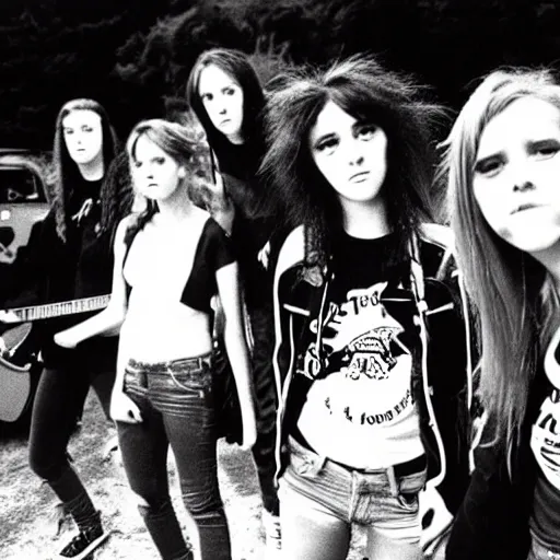 Image similar to Group of 19-year-old women holding electric guitars, shaggy hair, punk rock, riot grrl, hardcore punk, post-hardcore, alternative rock, band promo photo, 1994 photograph