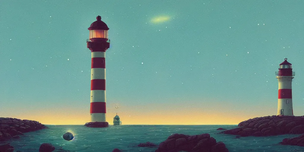 Image similar to milky way over the ocean by a lighthouse by simon stalenhag, dusk, art station trending