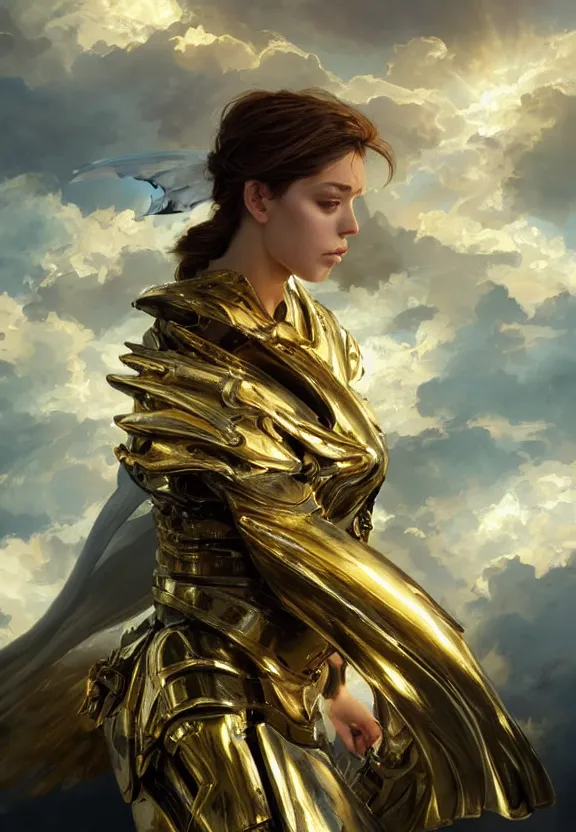 Image similar to A beautiful fierce photogenic angel wearing metallic battle armor, posing heroically with heavenly sunlit clouds in the background, close-up shot, elegant, digital painting, golden hour, cinematic, epic, trending on artstation, concept art, smooth, sharp focus, illustration, art by artgerm and Greg Rutkowski and Alphonse Mucha