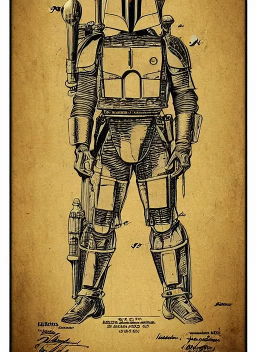 Image similar to vintage patent drawing of a kenner boba fett action figure by leonardo davinci, illustrations, intricate writing, concept art, labels, highly detailed