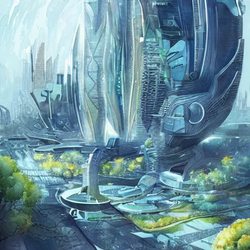 Image similar to Beautiful futuristic sci-fi city in harmony with nature. Nice colour scheme, soft warm colour. Beautiful detailed watercolor by Lurid. (2022)