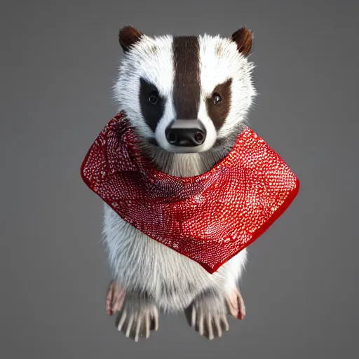 Image similar to a humanoid friendly badger walking on white background towards the camera, he‘s wearing a red neckerchief, digital render