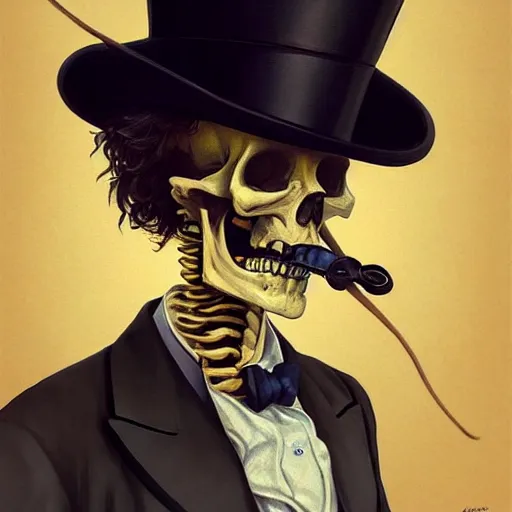 Prompt: close portrait of a fancy skeleton with a top hat, smoking a pipe, vaporwave, bedroom, highly detailed, digital painting, artstation, concept art, smooth, sharp focus, illustration, art by artgerm and greg rutkowski and alphonse mucha