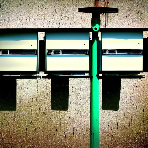 Prompt: color photograph of utility pole, telephone pole utility box