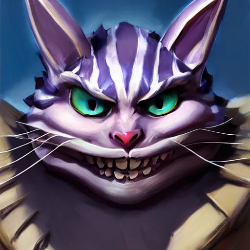 Image similar to greg manchess portrait painting of partially armored cheshire cat from alice in wonderland as overwatch character, medium shot, asymmetrical, profile picture, organic painting, sunny day, matte painting, bold shapes, hard edges, street art, trending on artstation, by huang guangjian, gil elvgren, ruan jia, randy vargas, greg rutkowski