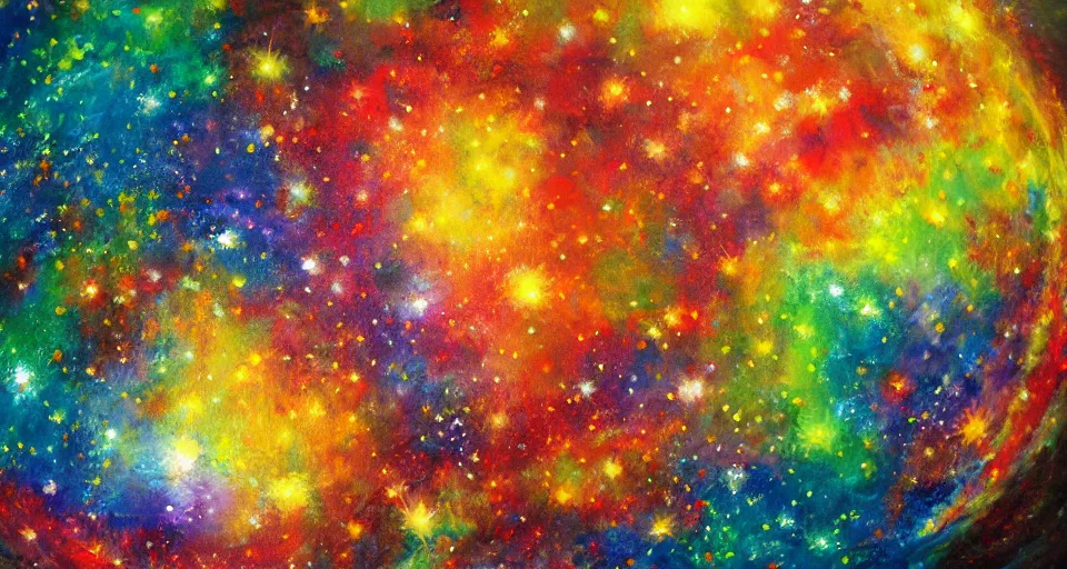 Image similar to award - winning realistic painting of a large planet made of colourful gas, colourful bright stars