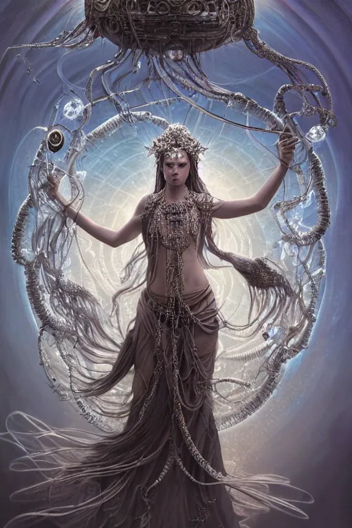 Image similar to a centered render of a wild post apocalyptic goddess with wearing ornate silver and gemstones and crystal clothing surrounded by flowing liquid gallium jellyfish and sacred geometry, perfect body and face, gorgeous, cinematic, beautifully lit, by tomasz alen kopera and peter mohrbacher, 3 d, trending on artstation, octane render, 8 k