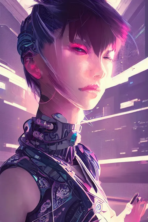 Image similar to portrait futuristic Ninja Girl, in future cyberpunk tokyo rooftop , ssci-fi, fantasy, intricate, very very beautiful, elegant, neon light, highly detailed, digital painting, artstation, concept art, smooth, sharp focus, illustration, art by tian zi and WLOP and alphonse mucha
