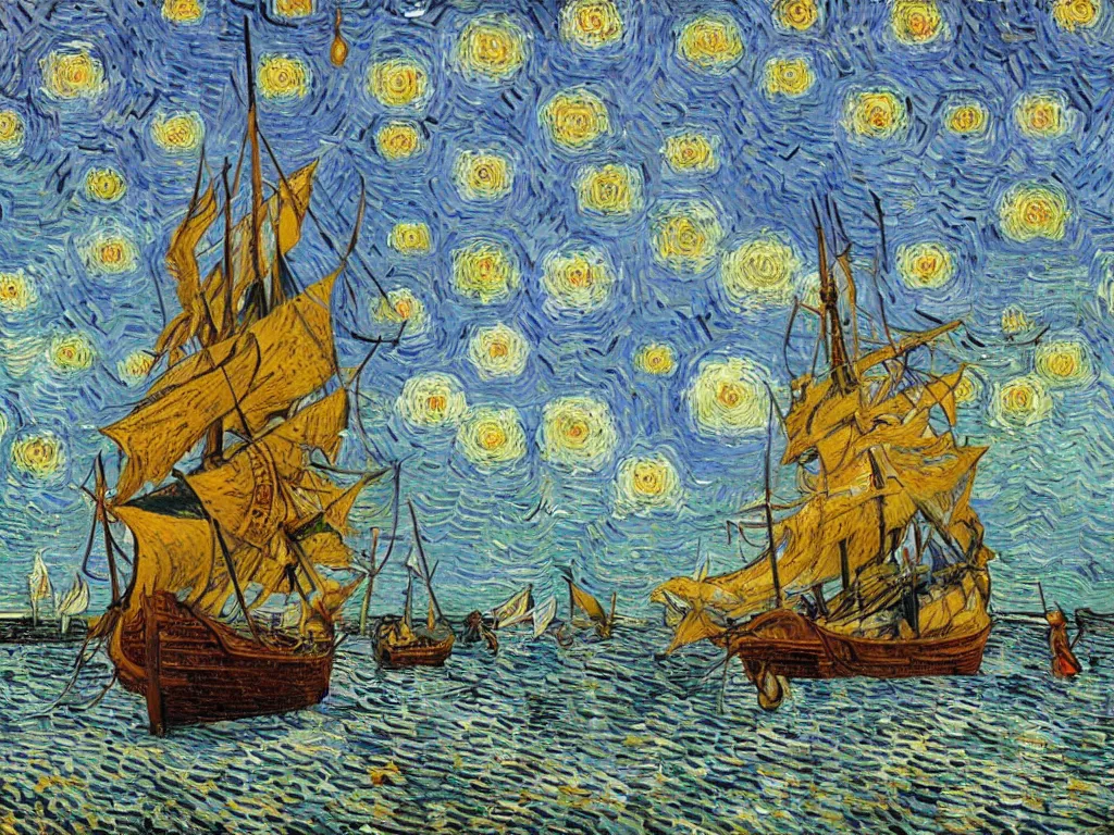 Image similar to oil painting of a viking longship invading south beach miami, light scatter, van gogh