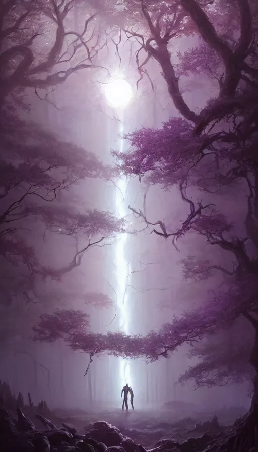 Image similar to Hyper realistic oil painting of a future sci-fi ancient god on the middle of a purple forest holding a portal that's about to explode, fog, volumetric lighting, nighttime, moonlight, by Greg Rutkowski and Diego Velázquez