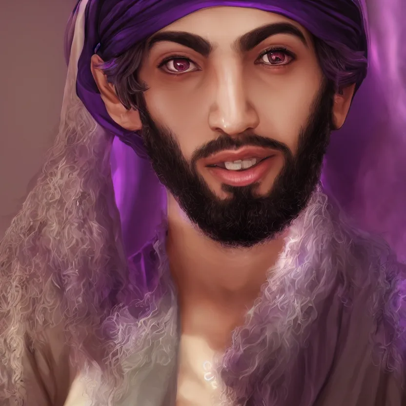 Image similar to Arabic male young adult with long beard and purple glimmering robes, hyperrealistic white lighting, treanding on artstationhq