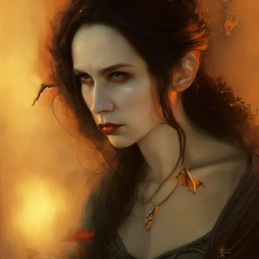 Image similar to majestic gracious regal aristocratic brunette female vampire portrait, atmospheric lighting, painted, menacing, intricate, volumetric lighting, beautiful, rich deep colours masterpiece, golden hour, sharp focus, ultra detailed, by leesha hannigan, ross tran, thierry doizon, kai carpenter, ignacio fernandez rios