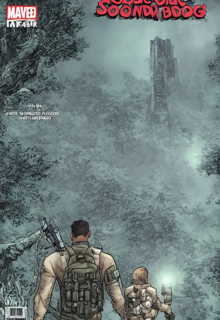 Image similar to A comic book cover of an android soldier with back to the camera, in a forest made of crystal, looking across a vast chasm and old rope bridge. On the mountain facing him is a crystal temple with a tower glowing in the fog