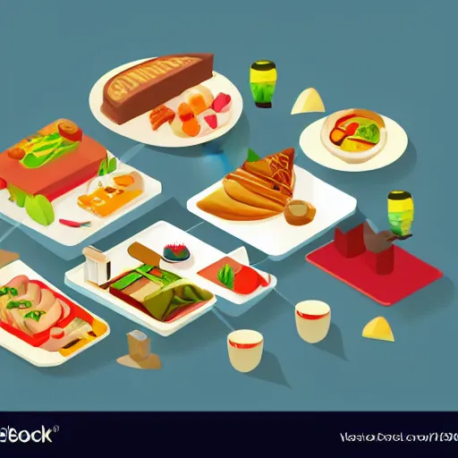 Prompt: isometric flat art graphic for meal suggestions that is exciting and promotional
