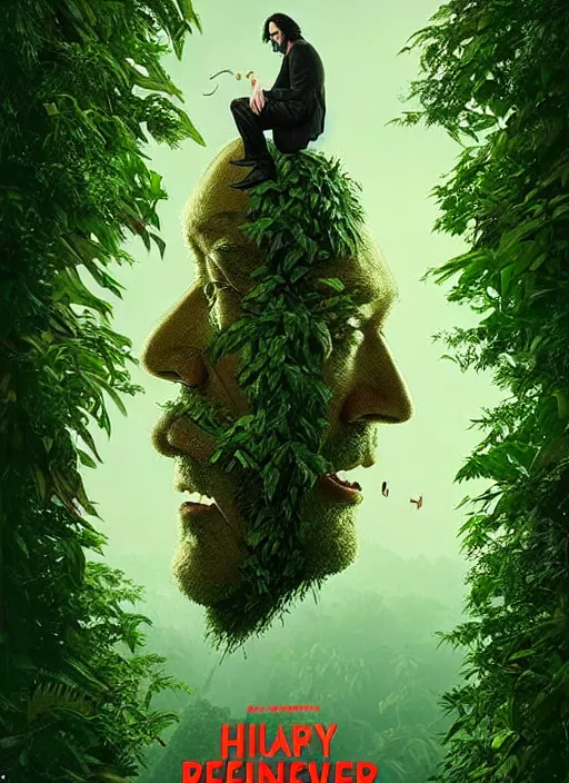 Image similar to highly detailed comedy caper movie poster with silly wacky zany keanu reeves as a sentient pile of leaves, keanu reeves green face as tree sentient leafy bush, falling through a leafy mind chasm by greg rutkowski, masterpiece, really funny, 1 0 / 1 0 comedy