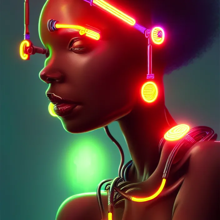 Image similar to beautiful african organic cyborg, neon tube connections, diffuse lighting, fantasy, intricate, highly detailed, lifelike, photorealistic, digital painting, artstation, illustration, concept art, smooth, sharp focus