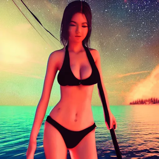 Image similar to bikini anime girl bioluminescent paddleboarding at night by highway man painting, stars, galaxies, photorealistic, high resolution, vray, hdr, hyper detailed, insane details, intricate, elite, ornate, elegant, luxury, dramatic lighting, octane render, weta digital, micro details, 3 d sculpture