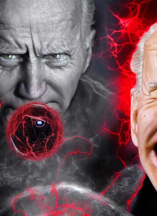 Image similar to hyper realistic ultra realistic chaos magic photo Doom furious glowing red eyes biden, high quality photo, detailed , 8k