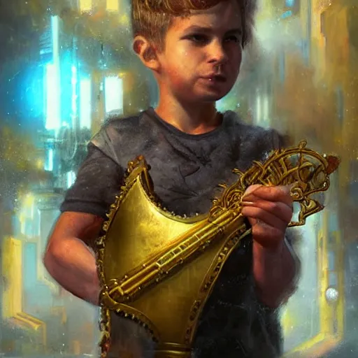 Image similar to stunning portrait of 3yo greek argonaut Orpheus playing the golden lyre, painting by Raymond Swanland, cyberpunk, sci-fi cybernetic implants hq