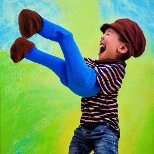 Image similar to a kid grinning wearing a blue sock hat over his eyes, green shirt and brown jumping high in the air painting, high details
