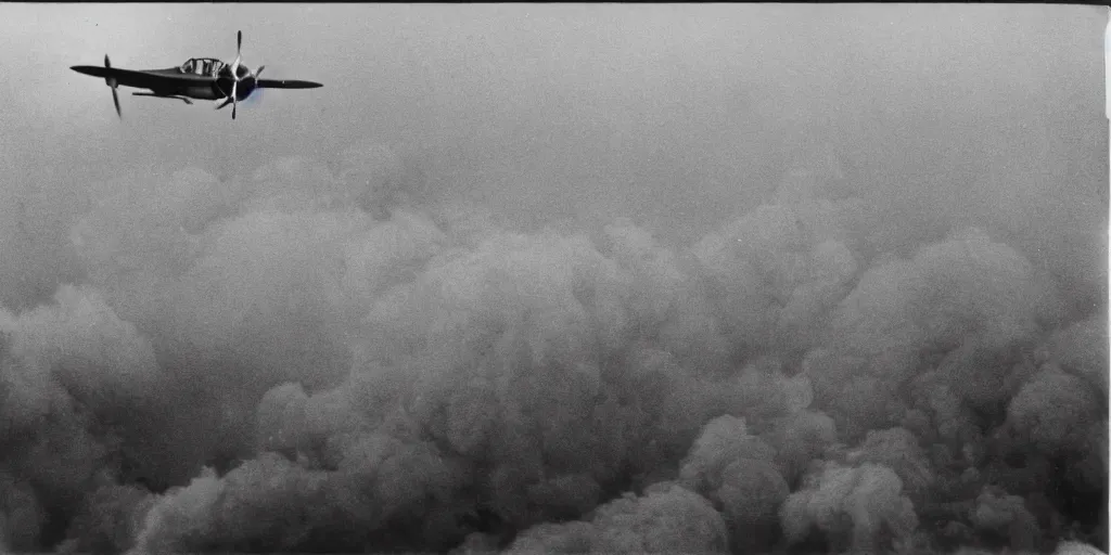 Prompt: detailed medium format photo, polaroid still from tarkovsky movie, british spitfire plane flying over a destroyed city, haze, high production value, intricate details, 8 k resolution, hyperrealistic, hdr, photorealistic, high definition, tehnicolor, award - winning photography, masterpiece, amazing colors