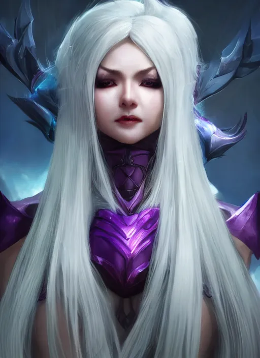 Image similar to smiling syndra, from league of legends, white hair, purple magic, hyper detailed, digital art, au naturel, with abs, trending in artstation, cinematic lighting, studio quality, smooth render, unreal engine 5 rendered, octane rendered, art style by klimt and nixeu and ian sprigger and wlop and krenz cushart