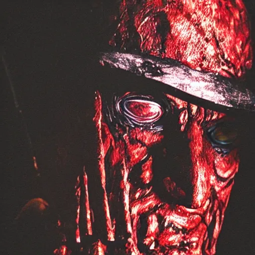 Image similar to close up of Freddy Krueger's face, holding his hand with blades in front of his face, dramatic low-key red lighting, black background, editorial photo from movie magazine,