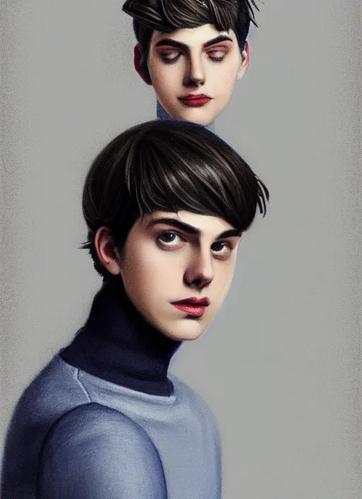 Image similar to portrait of teenage jughead jones wearing a light grey crown, crown, blue turtleneck, 1 9 5 0 s, closed eyes, photorealistic, black hair, glowing lighting, intricate, elegant, glowing lights, highly detailed, digital painting, artstation, concept art, smooth, sharp focus, illustration, art by wlop, mars ravelo and greg rutkowski