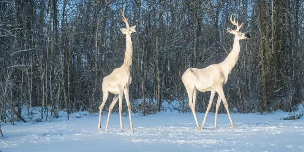 Prompt: a beautiful long necked albino elk like creature with the body of a white spotless giraffe, walks thru an enchanted forest, majestic!!! beautiful!!!, ethereal!!!, loving, ultra realistic, winter, golden hour, volumetric lighting, sharp focus