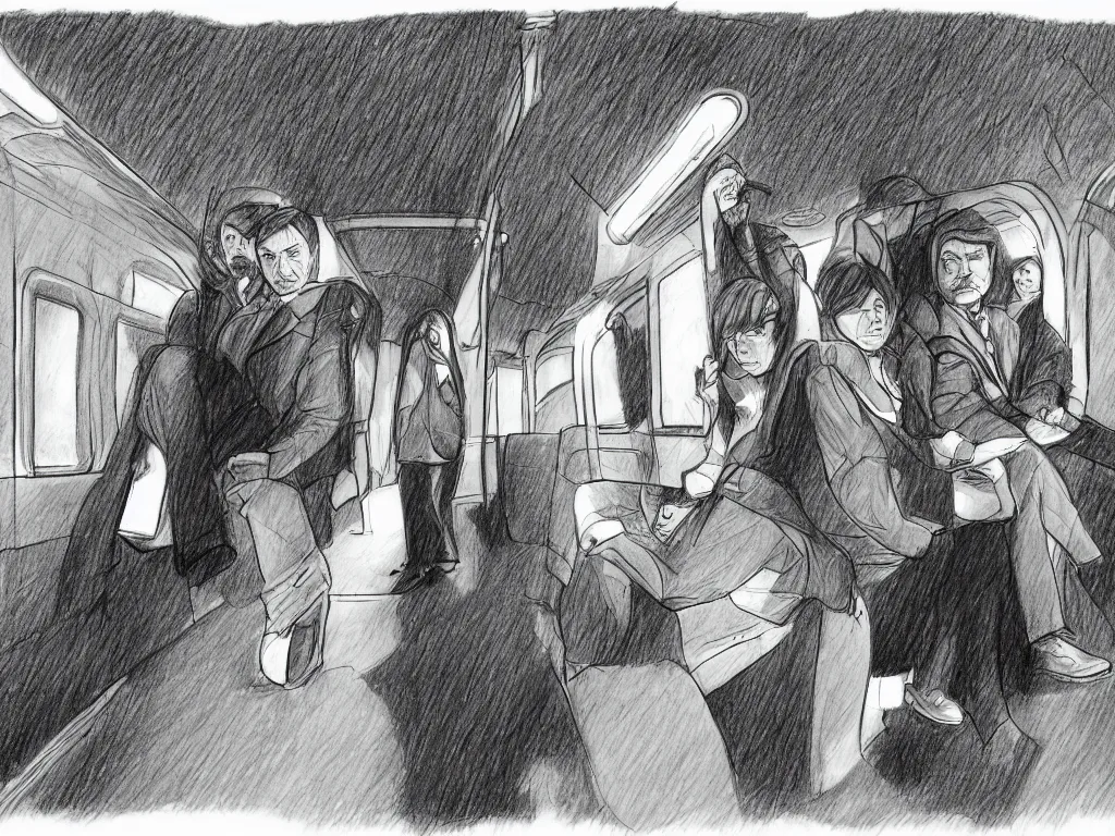 Image similar to a pencil drawing by Geoff Darrow, 3/4 low angle view wide shot of two people sitting in an empty Chicago subway train, in front of windows: a sad Aubrey Plaza in a parka and a friendly Mads Mikkelsen in a suit