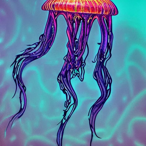 Image similar to detailed photograph of a psychedelic biomechanical robot jellyfish