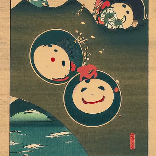 Image similar to traditional japanese ukiyo - e depicting happy smiley coffee cups in a beautiful natural environment