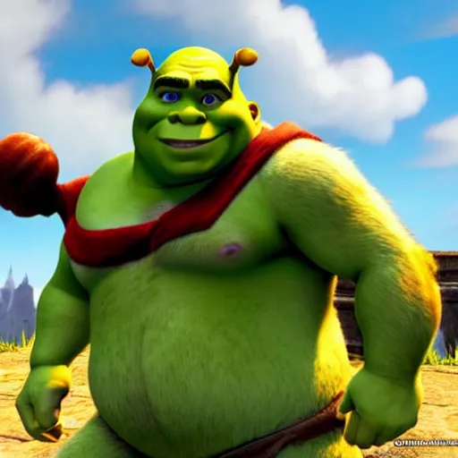 Prompt: shrek in super smash bros ultimate, highly detailed, extremely high quality, hd, 4 k, 8 k, professional photographer, 4 0 mp, lifelike, top - rated, award winning, realistic, detailed lighting, detailed shadows, sharp, no blur, edited, corrected, trending