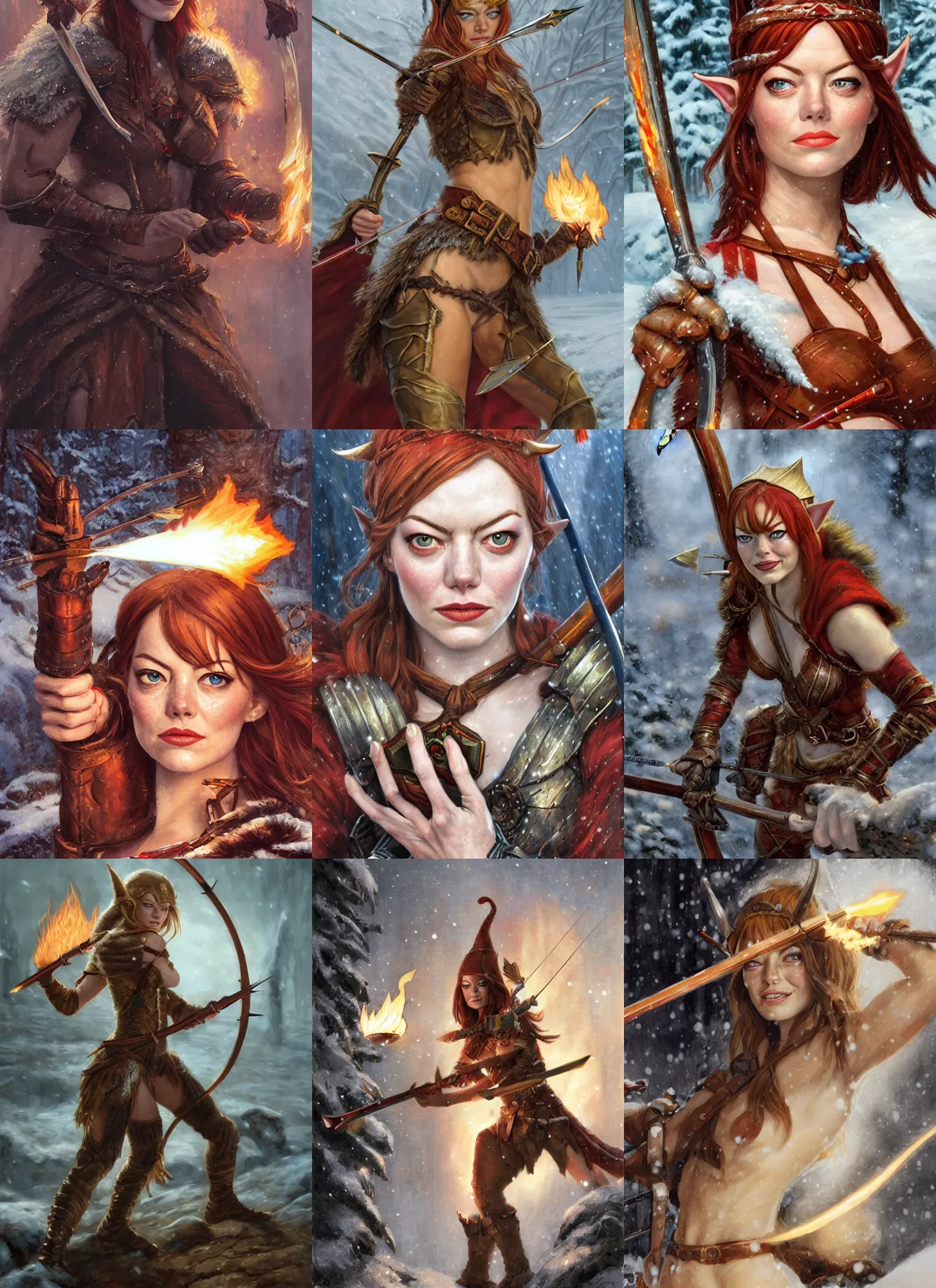Prompt: close-up face portrait of Emma Stone as a muscled warrior elf shooting a flaming arrow with her huntsmen bow, snowy winter scene, Donato Giancola, Mark Brooks, Ralph Horsley, Charlie Bowater, Artgerm, Christopher Balaskas, Bastien Lecouffe-Deharme, Boris Vallejo