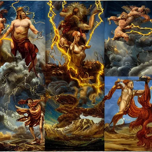 Image similar to zeus throwing down his thunderbolts upon the earth, apocalyptic imagery, anger, nature's cycles, the end and the beginning, renewal, beauty, various angles, various art styles